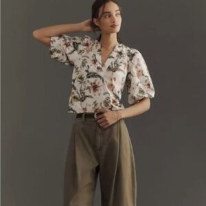 Anthropologie V-Neck Puff-Sleeve Popover Blouse SZ LARGE